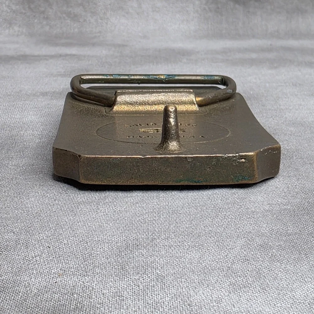 Belt Buckle Vintage Solid Brass Leather‎ Mountain Lake Scenic BTS Made in USA